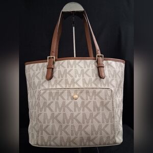 Michael Kors Beige And Tan Jet Set Medium Signature Tote